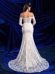 Glamrae 优雅迷人的白色对比香槟色 V 领露肩透视长袖喇叭弹力蕾丝性感露背美人鱼下摆廓形连衣裙适合婚礼、派对、节日和毕业典礼