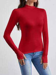 SHEIN Frenchy 純色高領T恤，內搭T恤，長袖，基礎款T恤 - 紅色 - 查看 5