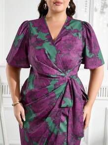 Modelyn 大码前系带短袖全身印花长款休闲连衣裙长款晚礼服 - 紫色 - 查看 3