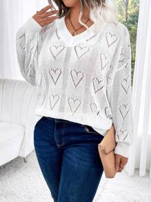 SHEIN LUNE Sweater Rajut Berlubang Leher V Ukuran Besar, Musim Semi, Gugur, Musim Dingin - Putih - View 5