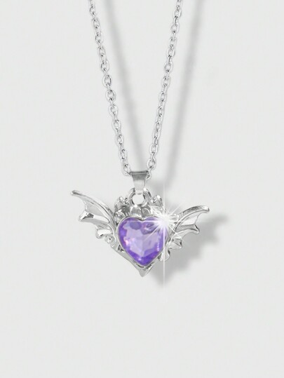 Kawaii 1pc Gothic Style, Valentine's Day Purple Wing Heart Pendant Necklace Valentines,Mom,Mother,Mother's Day,Gift