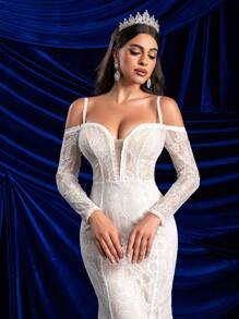 Glamrae 优雅迷人的白色对比香槟色 V 领露肩透视长袖喇叭弹力蕾丝性感露背美人鱼下摆廓形连衣裙适合婚礼、派对、节日和毕业典礼