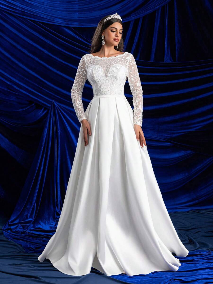 Glamrae Váy cưới dài tay ren và lưới mỏng bằng vải satin cổ thuyền lãng mạn, thanh lịch, lộng lẫy, màu trắng, có bèo nhún, hở lưng, thiết kế đuôi váy chữ A rộng cho váy cưới, váy cô dâu - trắng - Xem 1