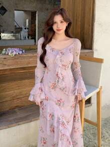 DAZY Damen Maxikleid mit Blumen Muster, Patchwork und Rüschen Ärmeln für den Urlaub