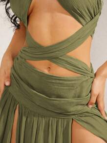 Hauture 交叉剪裁开叉大腿度假装连衣裙 - 軍綠色 - 查看 6