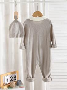 SHEIN 2-teiliges Set Baby Jumpsuit mit Kapuze, grau, Neugeborene Baby Jungen/Mädchen, weich & gemütlich, Jacquard-Muster, warmes Outfit für den Winter