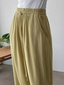 FRIFUL Women's Solid Color Drawstring Pocket Casual Pants Linen - Yellow - View 7