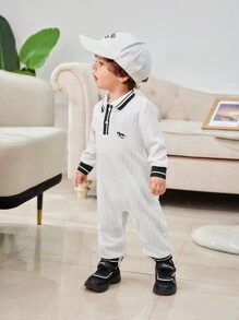 SHEIN Infant Baby Boy Contrast Color Rib Knit Stand Collar Jumpsuit, Autumn Winter - White - View 4