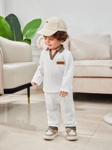 2pcs/Set Baby Boy Polo Collar Jacquard Long Sleeve Shirt And Pants Set, Casual Autumn Outfit