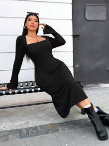 Flirla Plus Size Women's Solid Color Swan Neck Long Sleeve Maxi Sweater Dress, Autumn Winter - Black - View 5