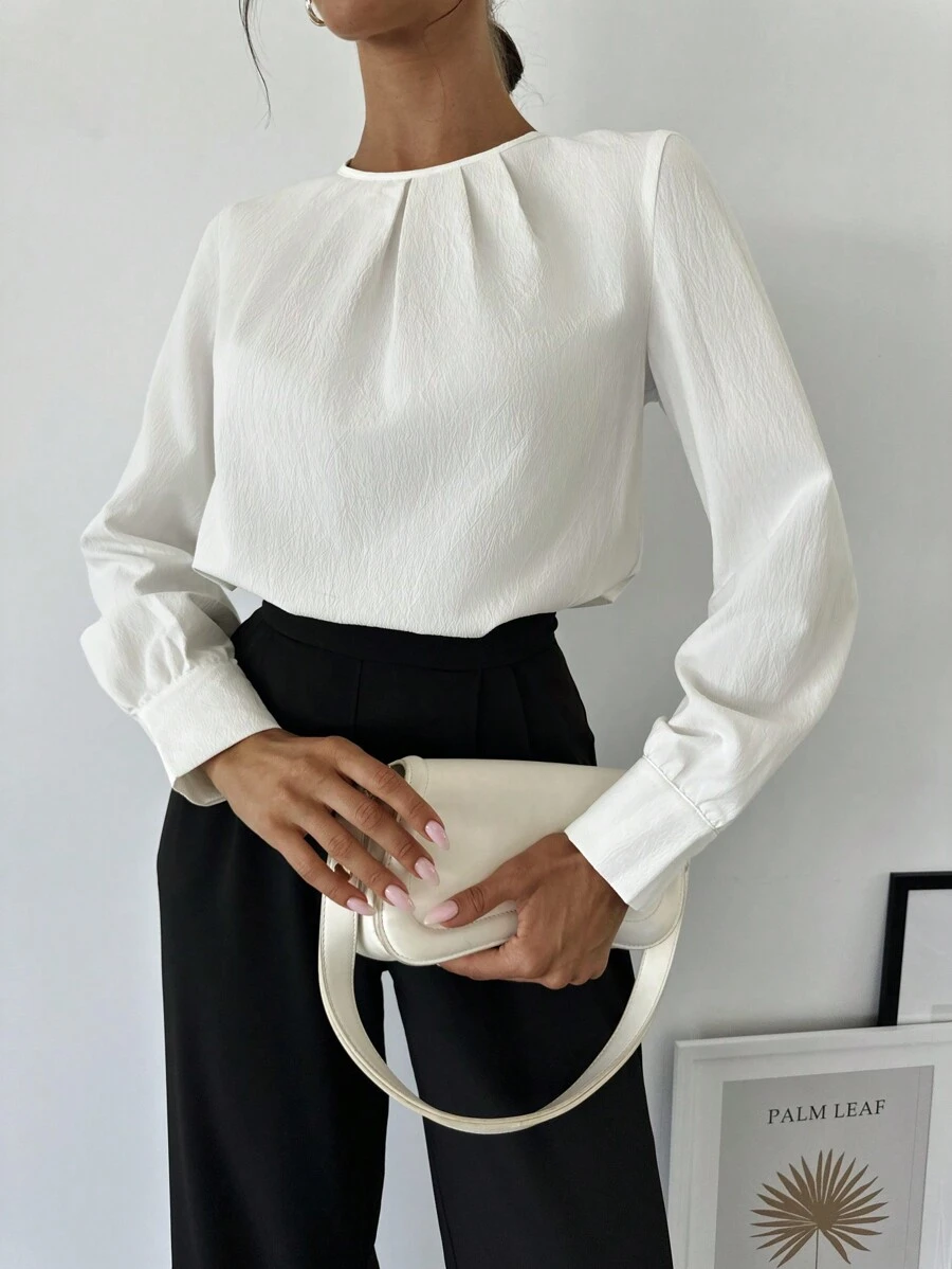 Firerie 女式白色褶皱长袖修身秋季衬衫，简约办公室工作服返校，长袖上衣 - 白色 - 查看 1