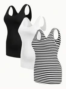 SHEIN Essnce 3 Pcs/Set Plus Size Summer Casual Business Casual Versatile Minimalist Tank Top Lounge Office Black White Black And White - Multicolor - View 1