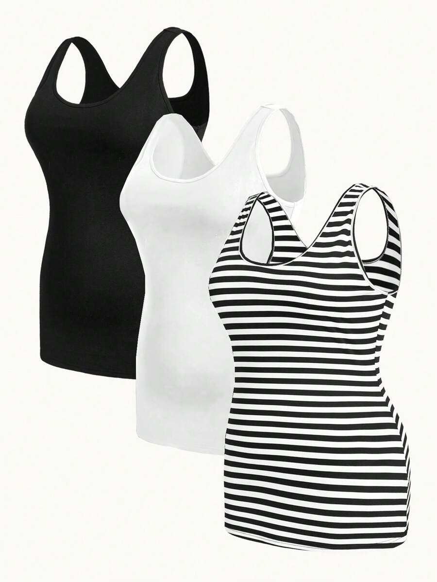 SHEIN Essnce 3 Pcs/Set Plus Size Summer Casual Business Casual Versatile Minimalist Tank Top Lounge Office Black White Black And White - Multicolor - View 1