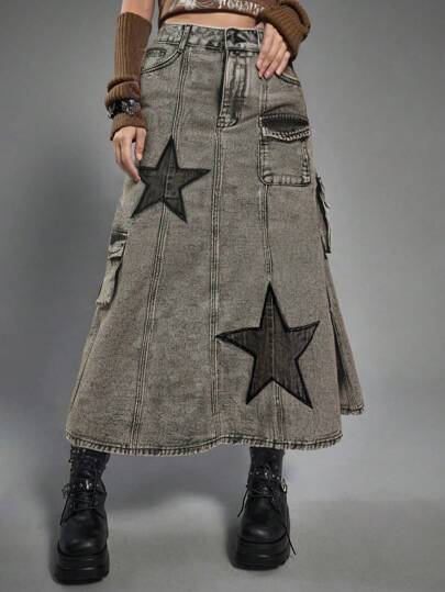 Grunge Punk Casual Distressed Denim Star Patch A-Line Skirt For Women
