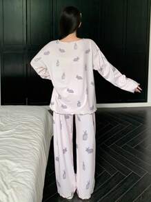 DAZY 长袖兔子印花上衣和裤子睡衣套装，秋冬服装 - 米色 - 查看 2