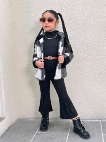 2 件套年轻女孩优雅时尚连体裤，带腰带和格子蓬松外套，秋冬 - 黑色 - 查看 4