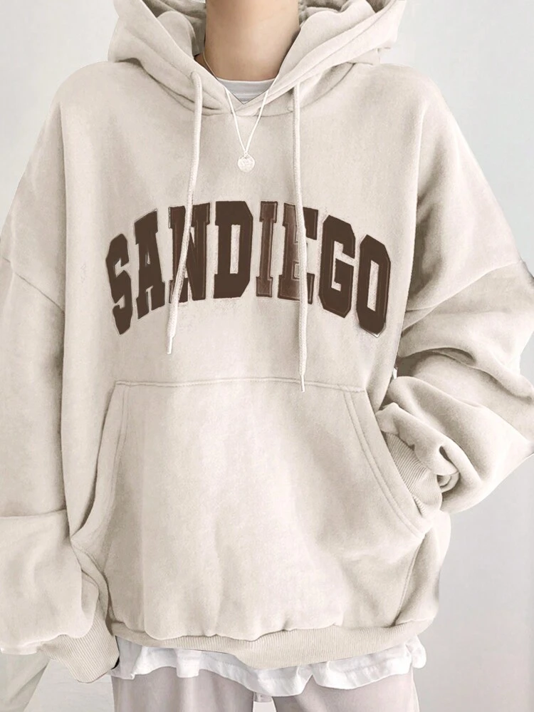 Thermal Lined Hooded Sweatshirt For Women, Casual Letter Print Pullover Hoodie, Autumn/Winter