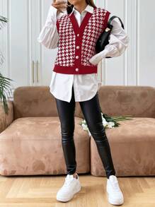 Muchica Spring Houndstooth Print Vest Jacket Without Blouse - Burgundy - View 5