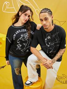 TOM & JERRY X SHEIN 大码时尚休闲简约卡通图案印花落肩圆领宽松女式运动衫，适合秋冬季，韩国时尚 - 黑色 - 查看 3