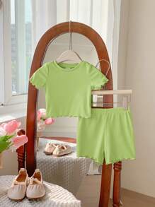 SHEIN LMoss Kids LMoss 6件套女婴纯色针织短袖上衣和松紧腰短裤休闲装 - 綠色 - 查看 3