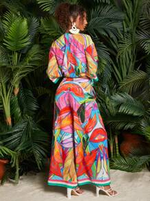 Travachic Floral Print Kimono & Wide Leg Pants, Vacation Outfit - Multicolor - View 2