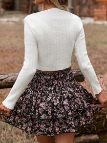 SHEIN VCAY Solid Color Hollow Out Ruffle Hem Simple Sweater, Casual Dailywear,Fall Women Outfits,Fall Sweaters - White - View 2