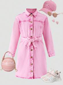 SHEIN 1 Stück fuchsiafarbenes lässiges Jeans Kleid für Tween-Mädchen