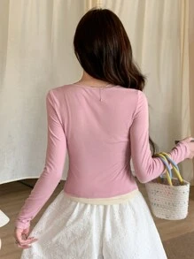 DAZY Áo thun dài tay cổ tròn màu tương phản dành cho nữ, Xuân/Hè - Hồng - Xem 5