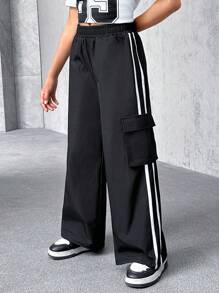 SHEIN 少女休闲宽松梭织运动裤，母女装（两件套，分开出售） - 黑色 - 查看 6