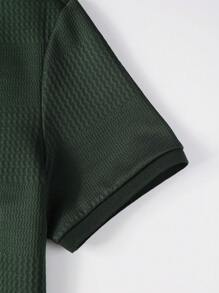 Manfinity Homme Men's Casual Solid Color Short Sleeve Polo Shirt For Commuting, Summer, Knitted Polo Shirt, Men's Textured Polo Shirt, Men's Short Sleeve Polo Shirt, Buttoned Polo Shirt - Army Green - View 6