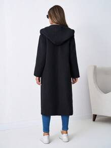 SHEIN Tall Drop Shoulder Hooded Overcoat - Black - View 2