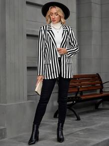 EMERY ROSE 女式黑白条纹长袖秋季西装外套 - 黑與白 - 查看 6