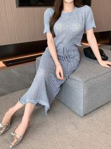 DAZY 2 bucăți/Set Tricou tricotat cu gât roșu și mini-fustă cu noduri ținută elegantă, volan - Albastru - Vizualizare 7