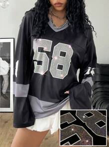 Coolane Women's Fall/Winter Y2K  Sportswear Number Printed Glitter Rhinestone Jersey T-Shirt ,Back To School