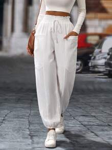 Chiquease 女士休闲纯色抽绳褶腰慢跑裤