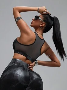 Innovista Áo ngực thể thao hở lưng họa tiết da giả động vật & lưới tương phản dành cho nữ, trang phục thường ngày, áo crop top gợi cảm, áo ngực nâng ngực - màu đen - Xem 8