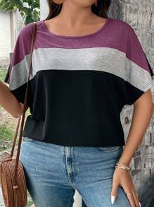 SHEIN LUNE Plus Size Contrast Color Crew Neck Casual Short Sleeve T-Shirt, Fall Women Tops Purple, For Summer - Purple - View 3