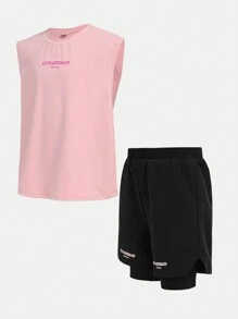 SHEIN Tween Boy Knitted Solid Color Letter Print Vest And Anti-Walk Shorts Sports Set - Multicolor - View 26