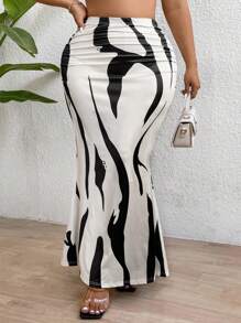 Celure 大码女式印花美人鱼下摆优雅半身长裙 - 黑與白 - 查看 1