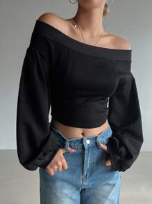 DAZY 女士休闲露肩短款运动衫，春秋装，秋季女装 - 黑色 - 查看 1