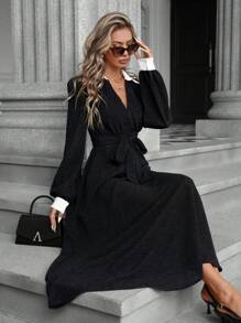 SHEIN Privé Minimalist Stylish High-End Commute Sensor Textured Fabric Color Block Waist Flattering Long Sleeve Dress For Women Fall Cloth For Women - Black and White - View 1