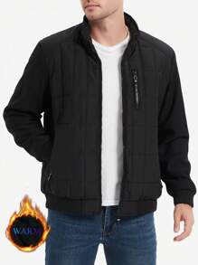 Manfinity Homme 男士纯色拉链口袋休闲夹克，秋冬季，黑色保暖毛绒冬季外套