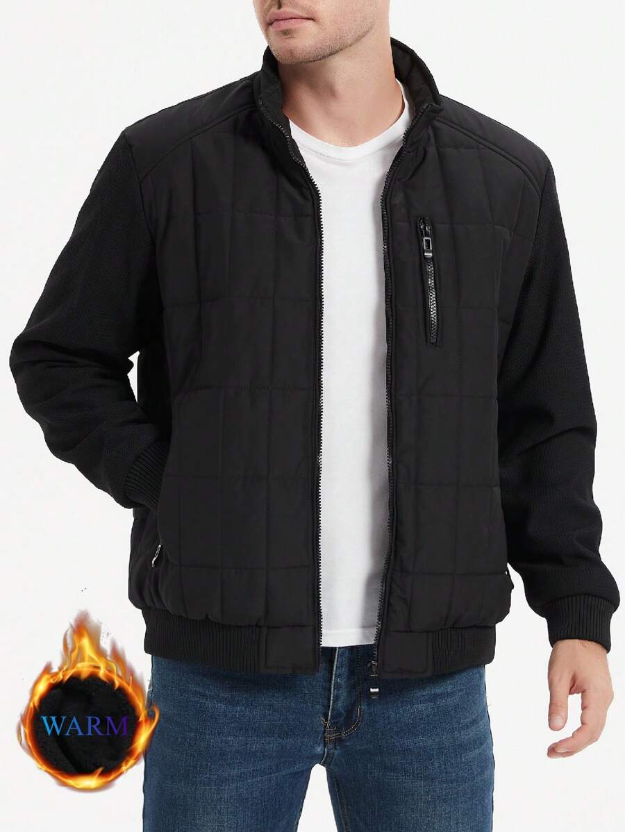 Manfinity Homme 男士纯色拉链口袋休闲夹克，秋冬季，黑色保暖毛绒冬季外套