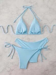 Swim Mod 3pcs Women Summer Beach Solid Color Halter Tie Sexy Bikini Swimwear Set - Baby Blue - View 2