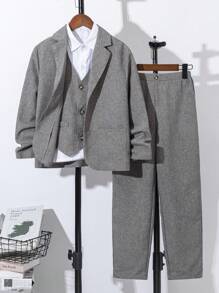 3 件套青少年男童休闲学院风西装外套，搭配双面背心和直筒裤绅士套装 - 卡其色 - 查看 1