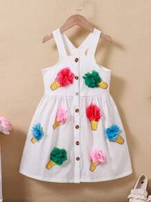 SHEIN Váy chữ A không tay in hình kem nhiều màu cho bé gái, mùa xuân và mùa hè - trắng - Xem 5