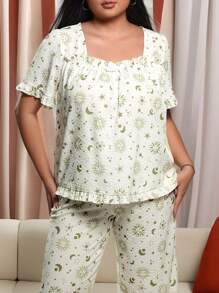 Brenda Ramalho Artist Plus Size Vacation Pajama Set, Square Neck Short Sleeve Top And All-Over Print Pants,Women Clothes,For Summer, Holiday