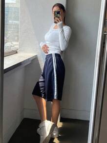 DAZY 夏季彩邊側縫彈性腰短褲 - 藏蓝色 - 查看 4