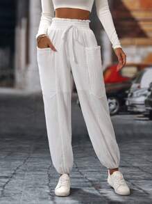 Chiquease 女士休闲纯色抽绳褶腰慢跑裤