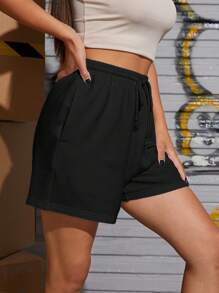 SHEIN EZwear 腰部抽繩素色運動短褲 - 黑色 - 查看 5